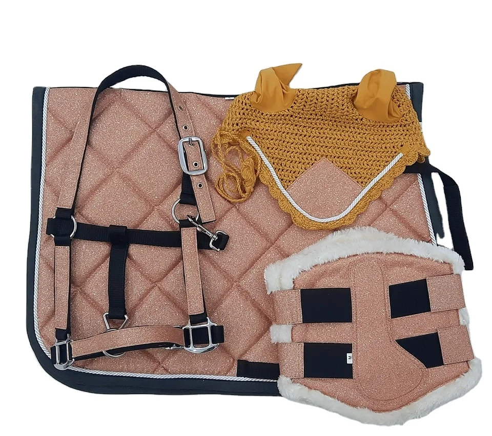 Оптовая продажа, потрясающие блестящие подушечки для верховой езды от поставщика конного спорта, подходящие наборы для обуви, одеяло для соревнований, конных гонок