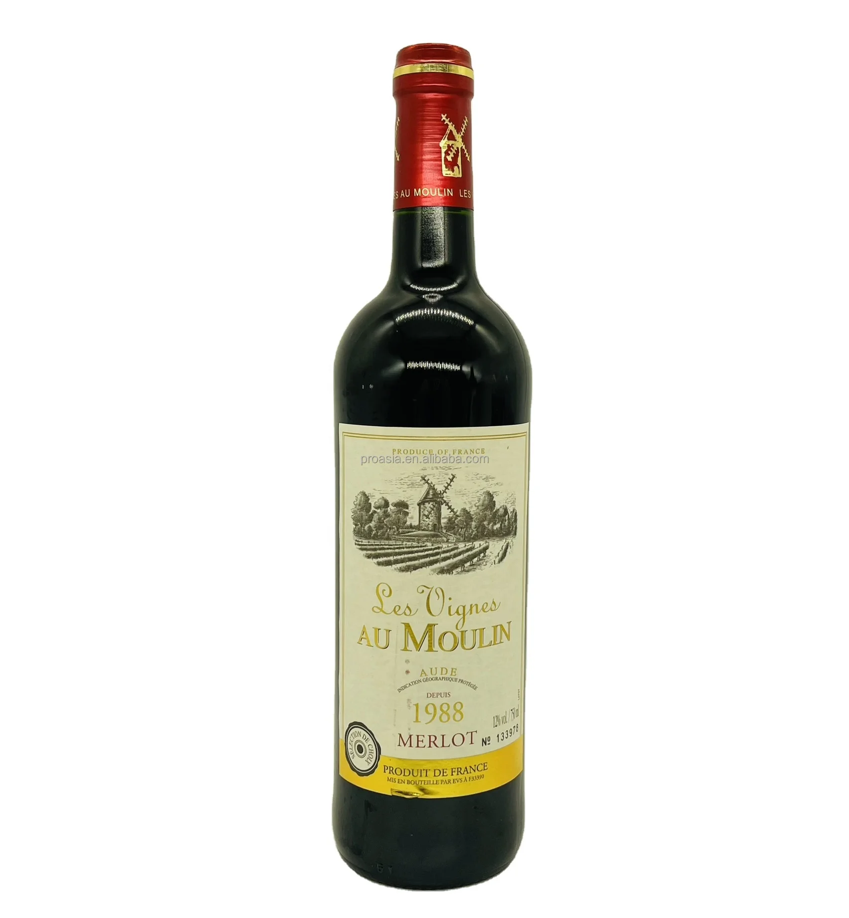 Top sales France Merlot Medium Dry Red Wine Les Vignes Au Moulin 1988 AOC grade 750 ml 12 % acl  for banquets
