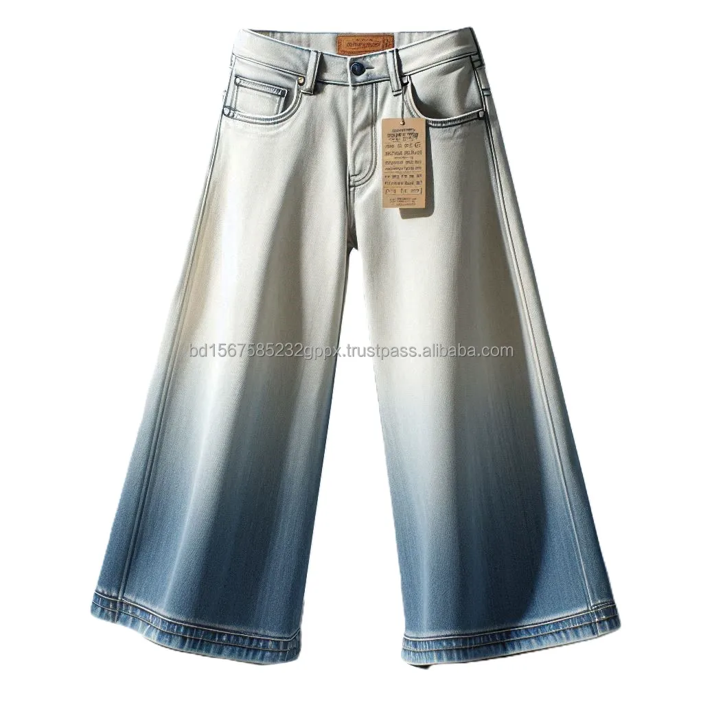 Cotton Denim Jeans Ladies Wide Leg Flared Bell-Bottom Casual Style Washable High Street Boot Cut Belt Embroidery Decoration