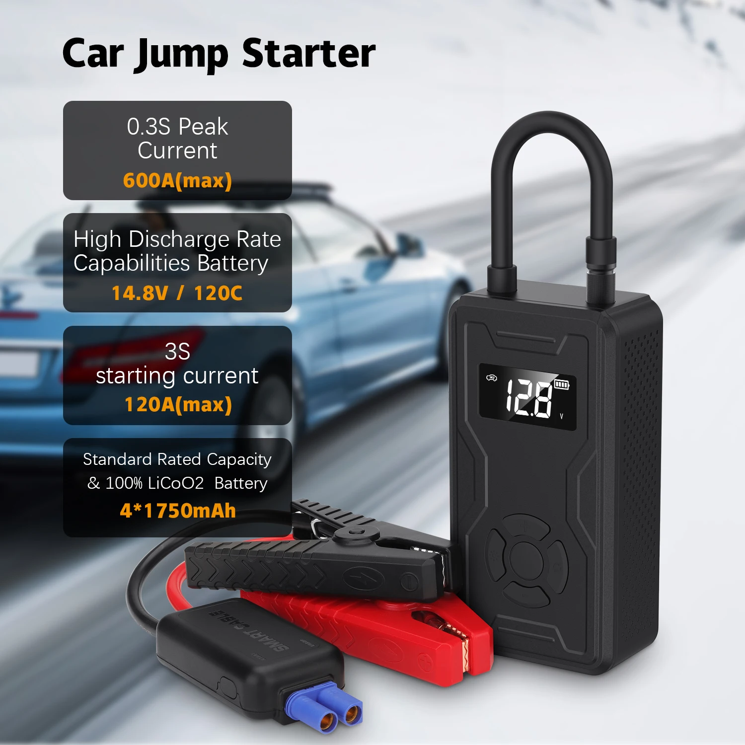 14.8V 600A car jump starter with air compressor 6 in 1 multi-function portable high power jump starter