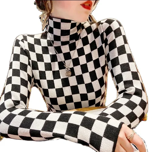 Women zebra print turtleneck sweater full sleeve checkerboard luxury pattern jumper tops wholesale sweaters