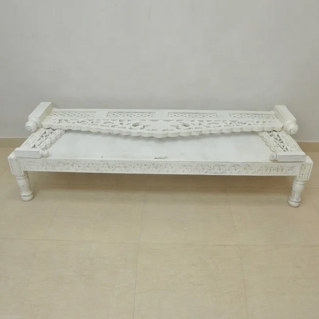 Indian Hand Carved XL Daybed Jodhpur Rustic Solid Wood Handcrafted Daybed Vintage Antique French Style Carving Daybed