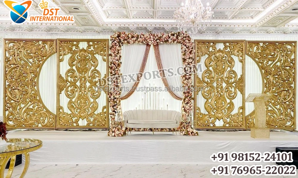 Grand Wedding Venue Mandap Backdrop Frame Big Fat Indian Wedding Backdrop Panels Gold Medallions for Wedding Mandap Decoration