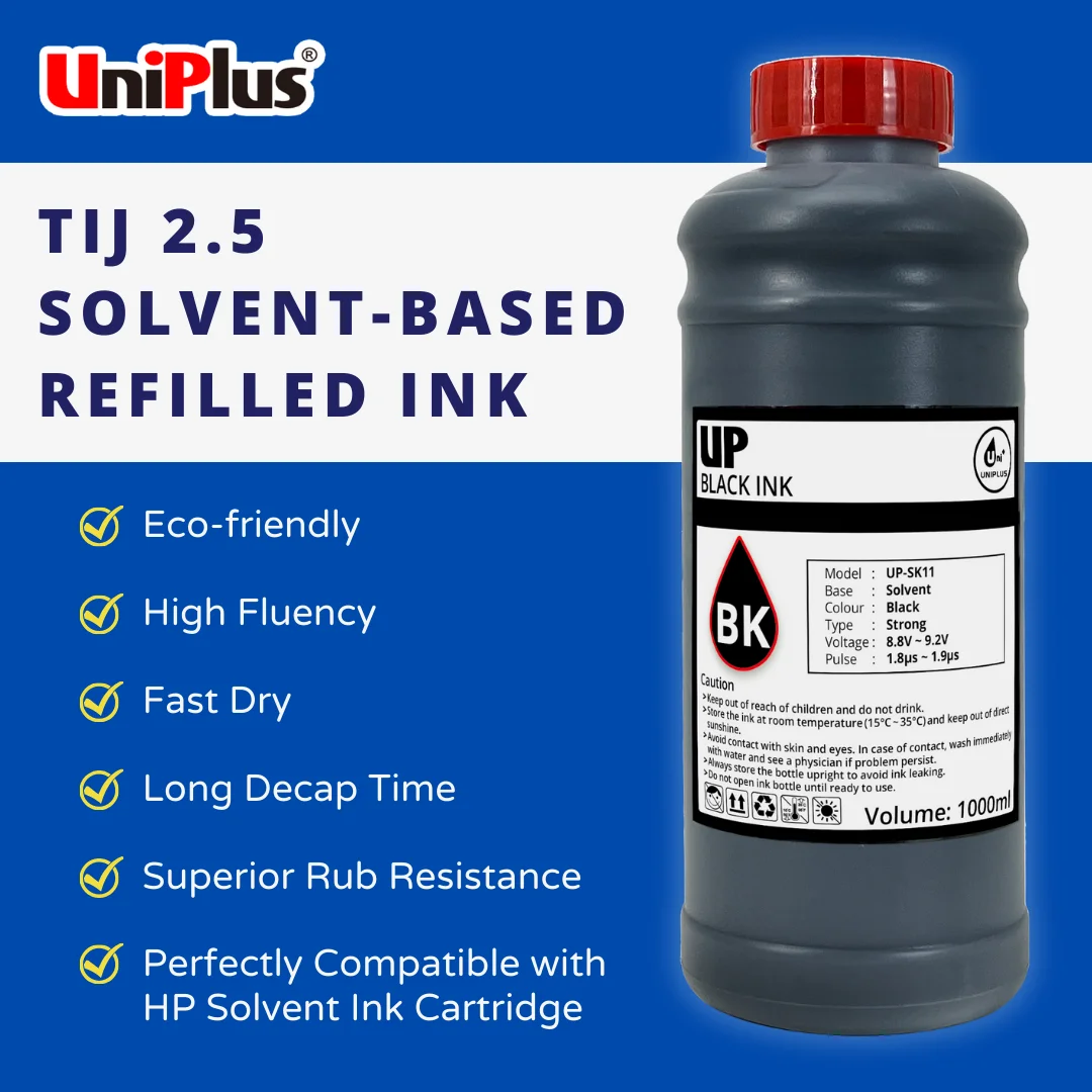 Uniplus Fast Dry Solvent Based Black Ink 1000ml For B3F58A / B3F58B / F0L89B / F0L91A TIJ2.5 Cartridge