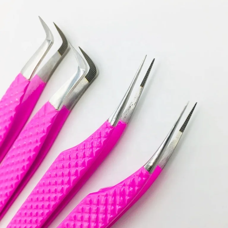 Eyelash Extension Tweezers Fiber Tip With Laser Marking Logo Pink Powder Coating Tweezers Eyelash Stainless Steel Tweezers