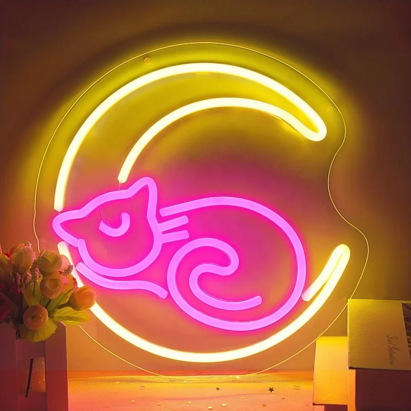 LED Neon Pink Moon Cat Night Light Personalised Neon Sign- Perfect Holiday Gift & Room Decoration