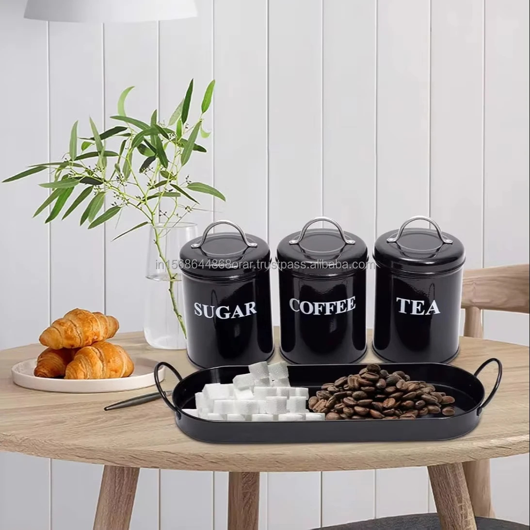 Retro Farmhouse Country Decor round Airtight Metal Tea Coffee Sugar Storage Canister Container Jar Set of 3