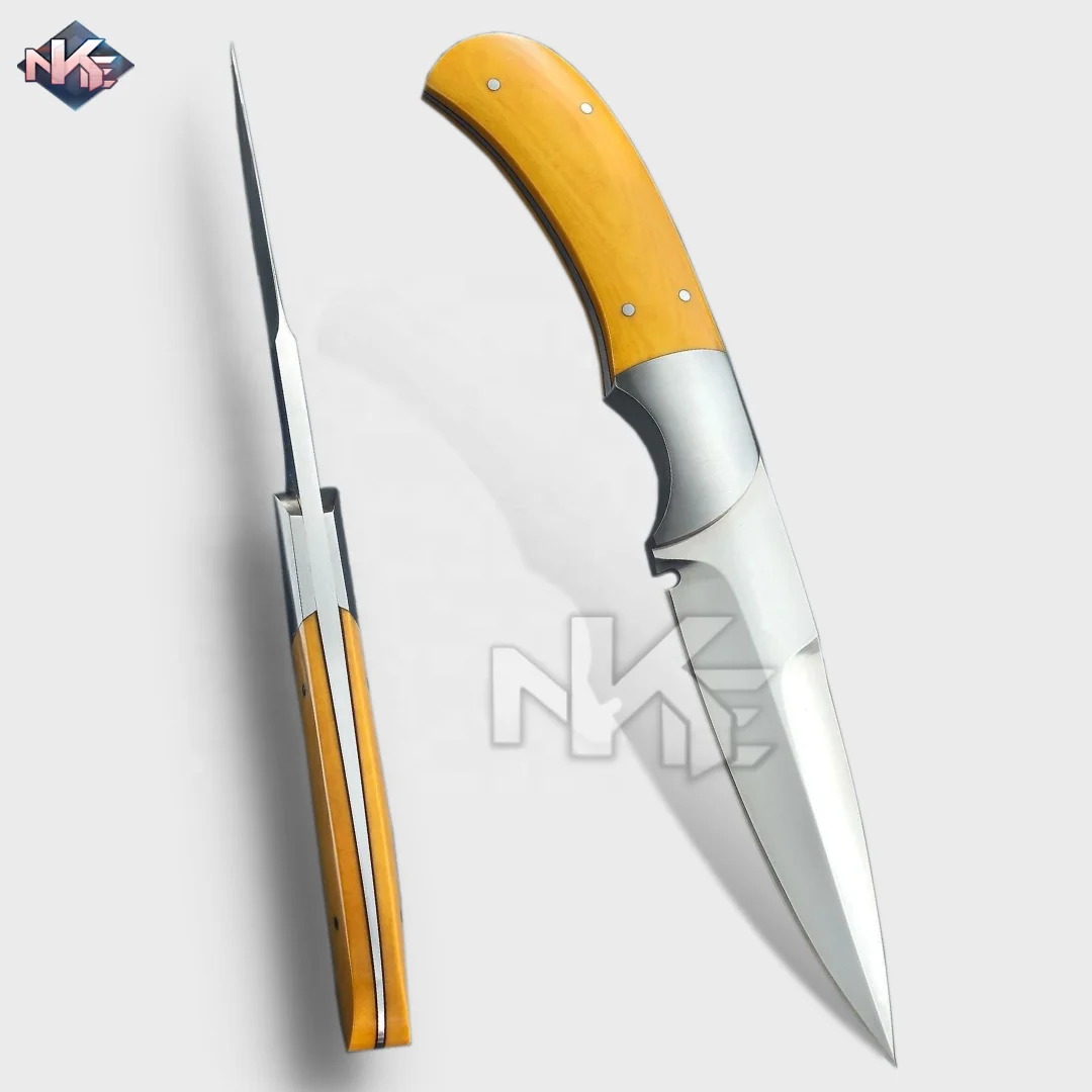 2022 New Camping Knife Premium Quality Tactical D-2 Steel Knife with Yellow G10 Handle and Cow Hide Leather Sheath