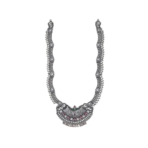 Stunning Oxidized Silver Statement Necklace Intricate Floral Peacock Motifs Classic Engagements Makes Bold Statement at Low Cost