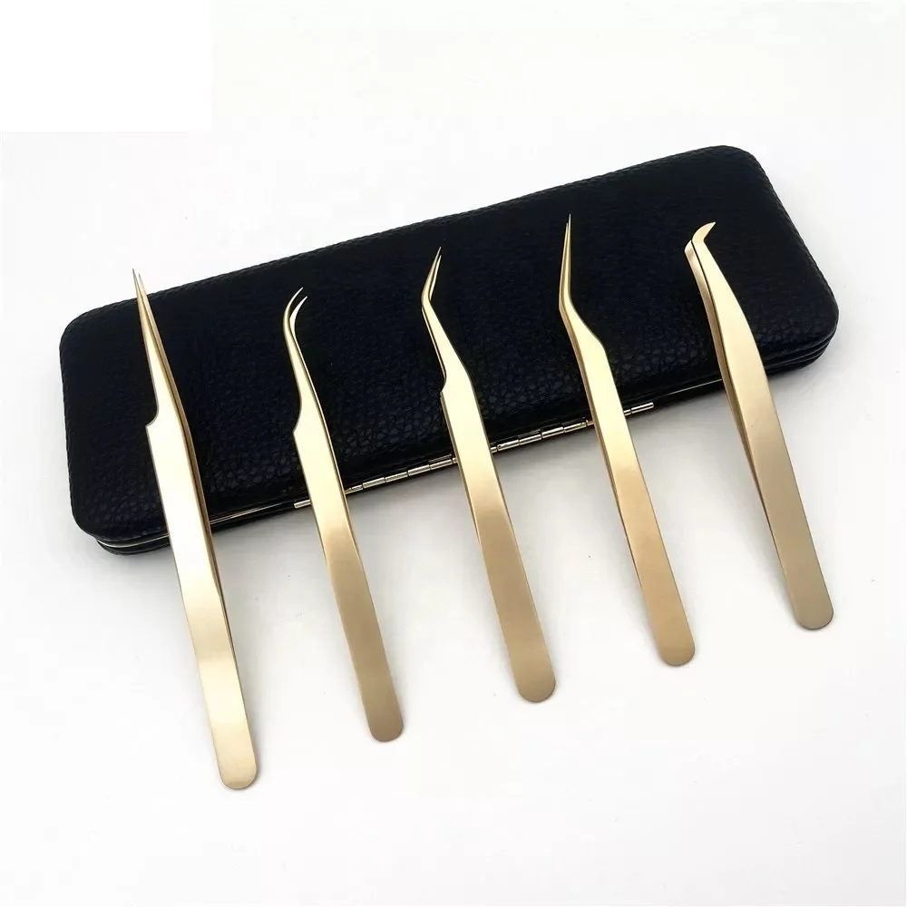 Custom Stainless Steel Eyelash Extension Tweezers with logo Straight Slant Curved Volume Lash Tweezer Set Private Label