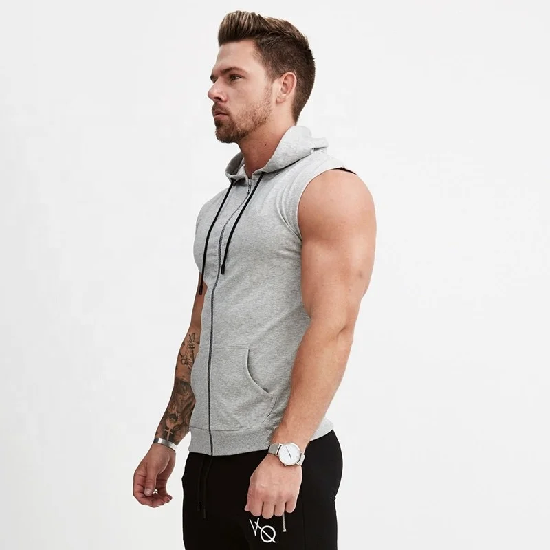 Hot sales Custom Logo Printing 2022 Streetwear Zipper Up Sleeveless Gym Hoodies For Men vest Gym Vest Hooded Vest Tank Top Crop
