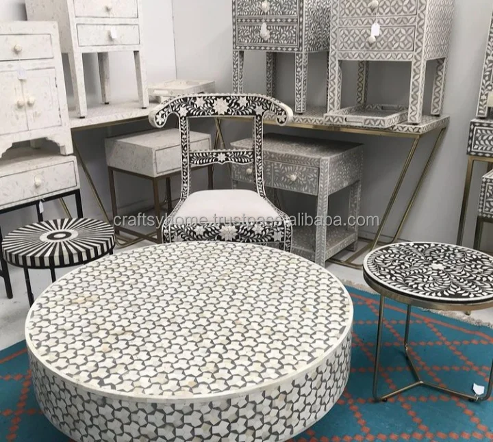 INDIAN CRAFTS LUXURY HANDMADE BONE INLAY ROUND COFFEE TABLE IN NATURAL WHITE COLOR FOR LIVING ROOM DECOR BY CRAFTSY HOME