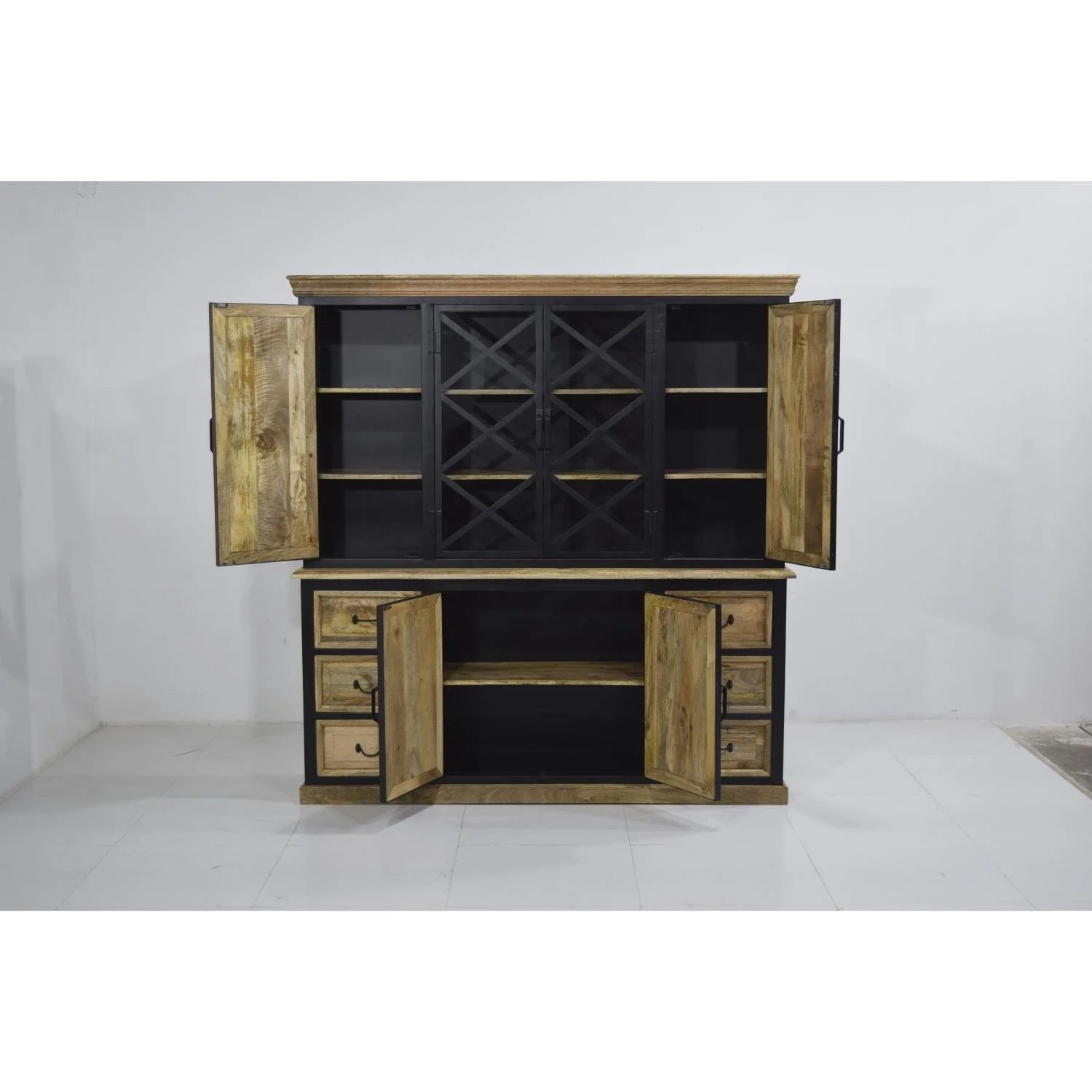 Solid Mango Wooden Iron Frame Glass Door Sliding Buffet Hutch Living Room Cabinet Showcase Storage Display Glass Doors