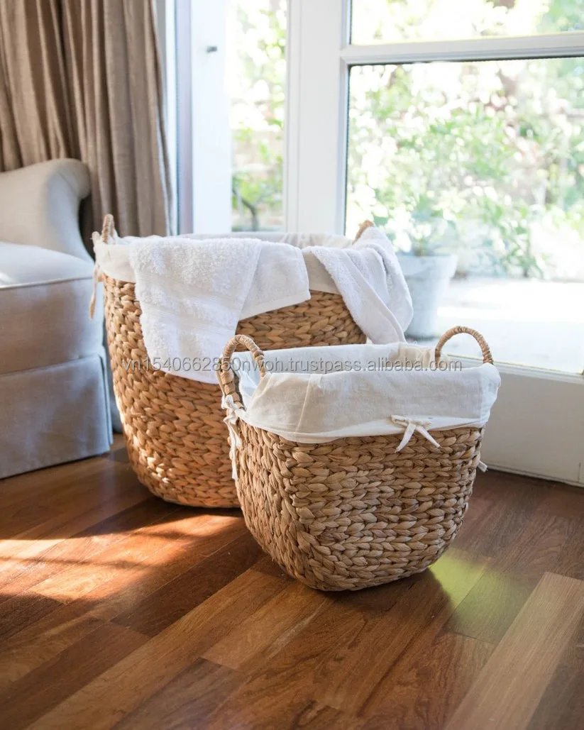 Natural Set 4 Handmade Liner Water Hyacinth Storage basket Woven Seagrass Baskets with Handles Home Decor Laundry Wicker Basket