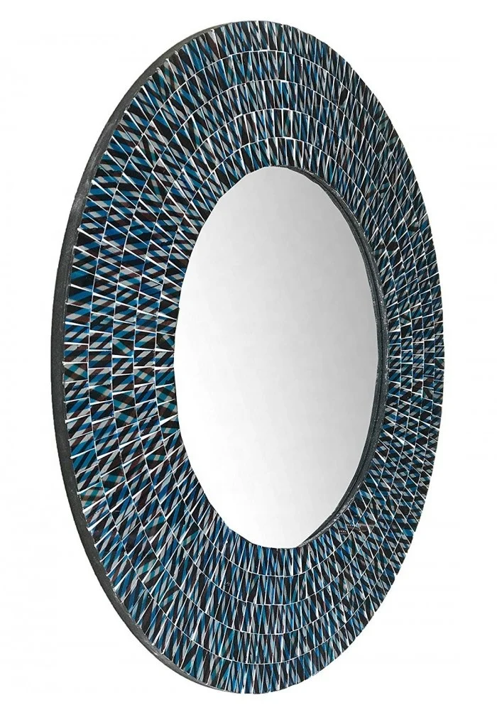 Modern 24 Inch round Wall Mirror Decorative Glass Mosaic Framed Bathroom Mirror in Teal Black MDF & Bone Material for Wedding