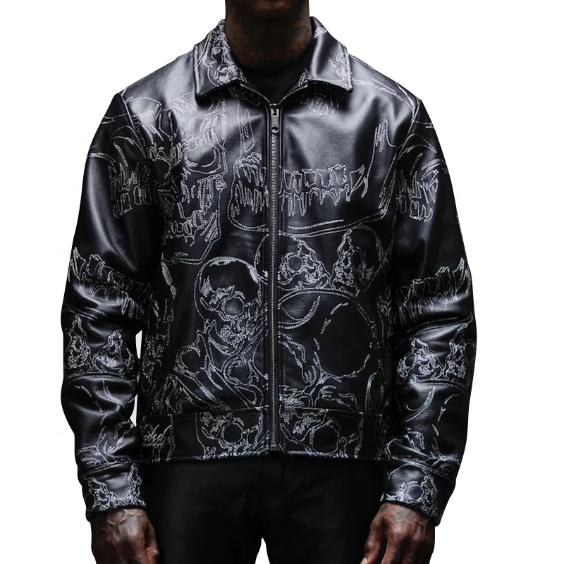 Мужская уличная мотоциклетная куртка из натуральной кожи с вышитым логотипом