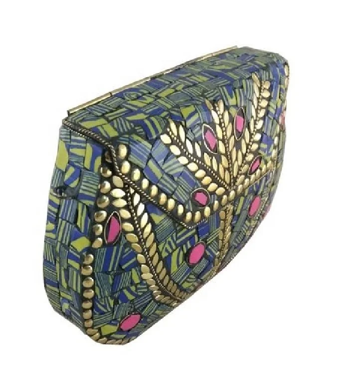 ETHNIC VINTAGE INDIAN MOSAIC METAL CLUTCH  PURSE AT LOW PRICE BY ART ASSEMBLY