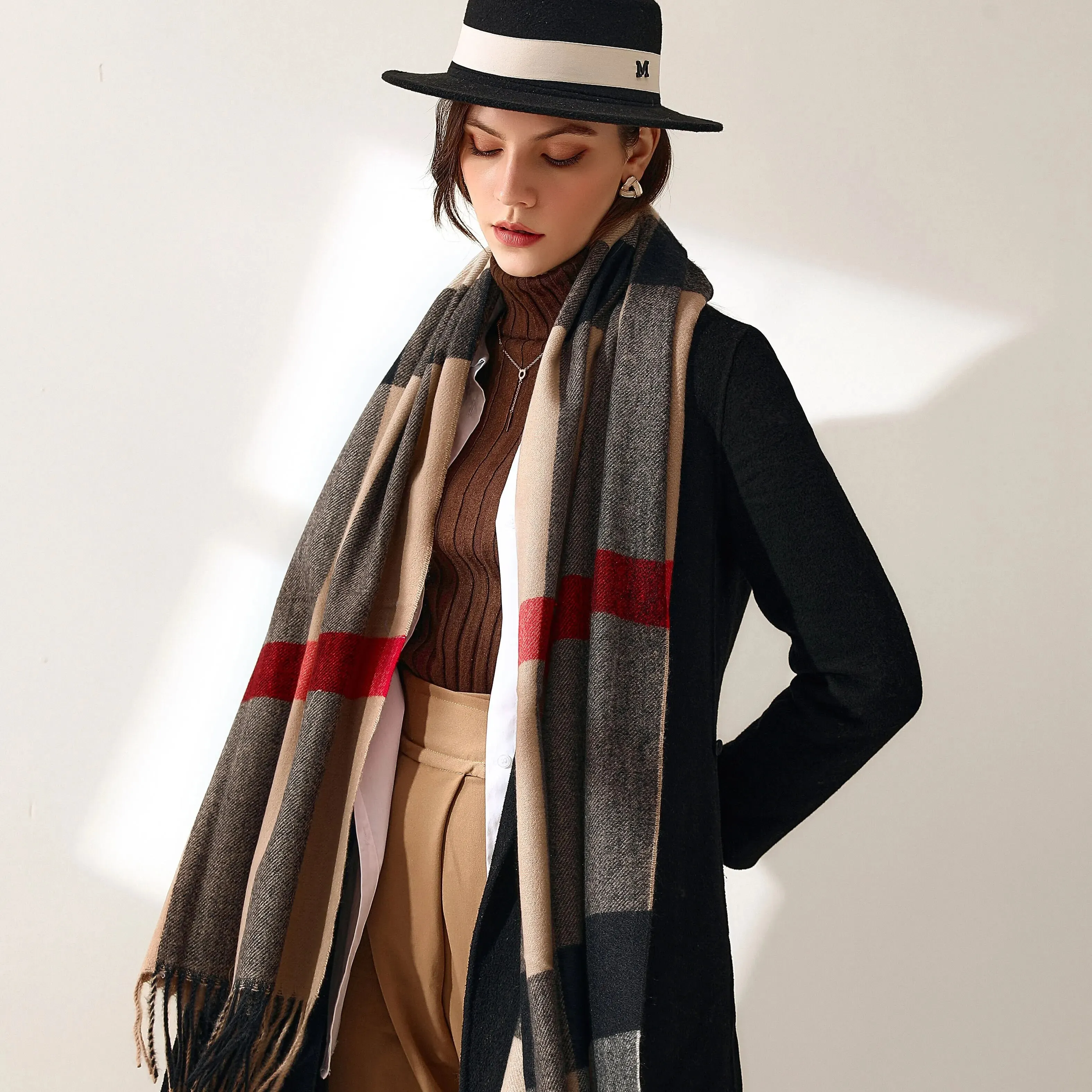 Winter Sweet Style Fringed Cashmere Women Scarf Outdoor Plaid Long Wrap Shawl