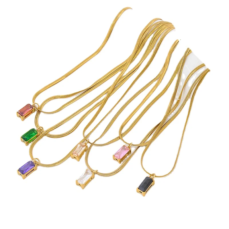 18k Gold Filled Herringbone Flat Snake Chain Necklace Gemstone Square Emerald Green Cubic Zirconia Stone Pendant Necklace