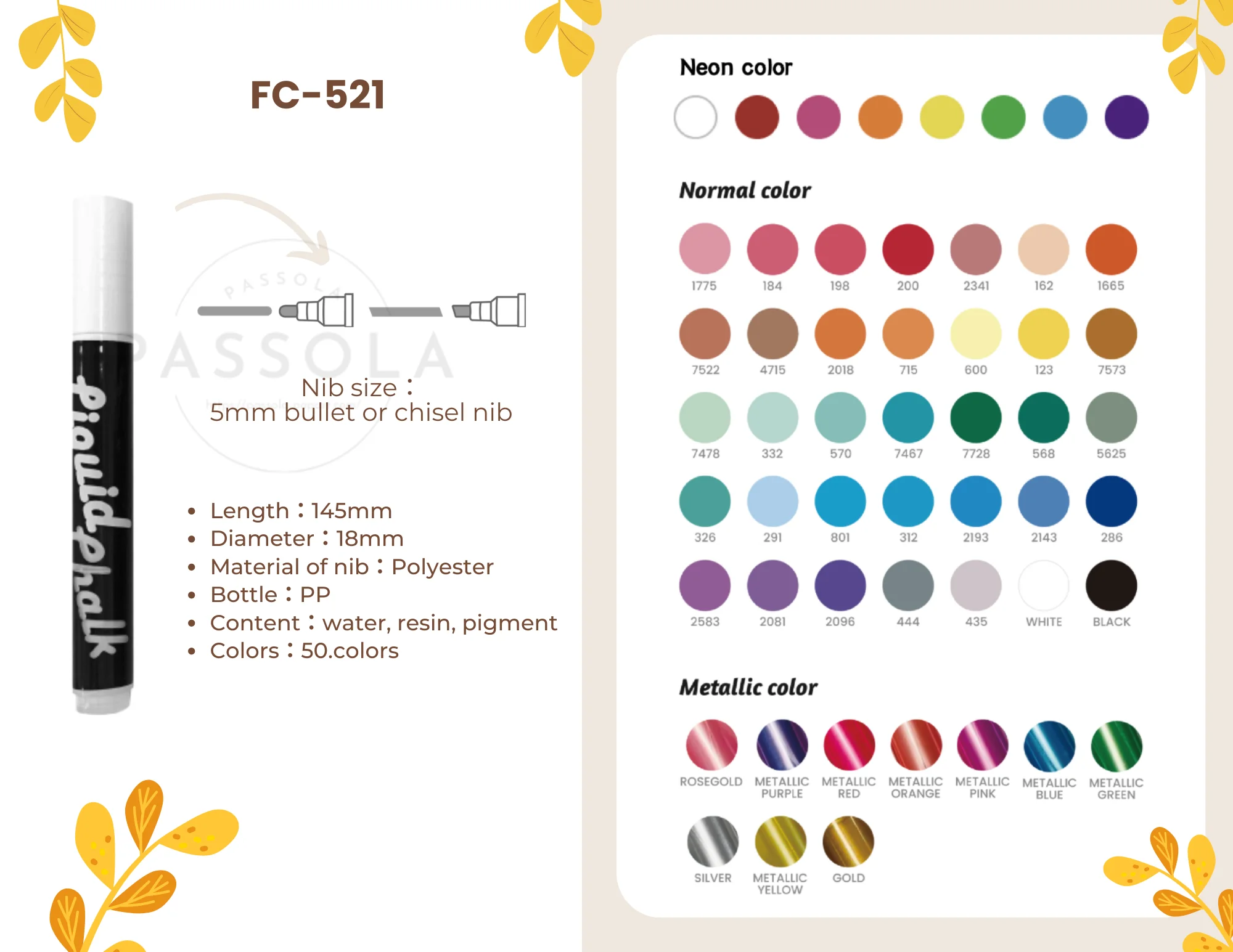 Bullet Chisel Nib Water based Erasable 5 mm Liquid Chalk Marker 50 colors