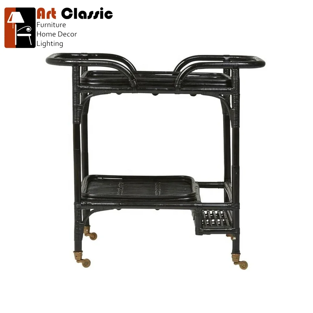 Sindoro Trolley Handmade Rattan Wicker Serving Moving Cart, Bar Table