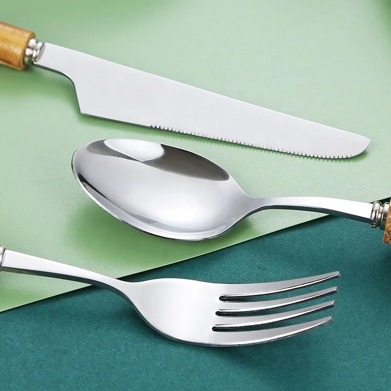 Royal Restaurant Stainless Steel Wholesale Stainless Steel Knife Spoon And Fork Bulk Flatware With Bamboo Handle