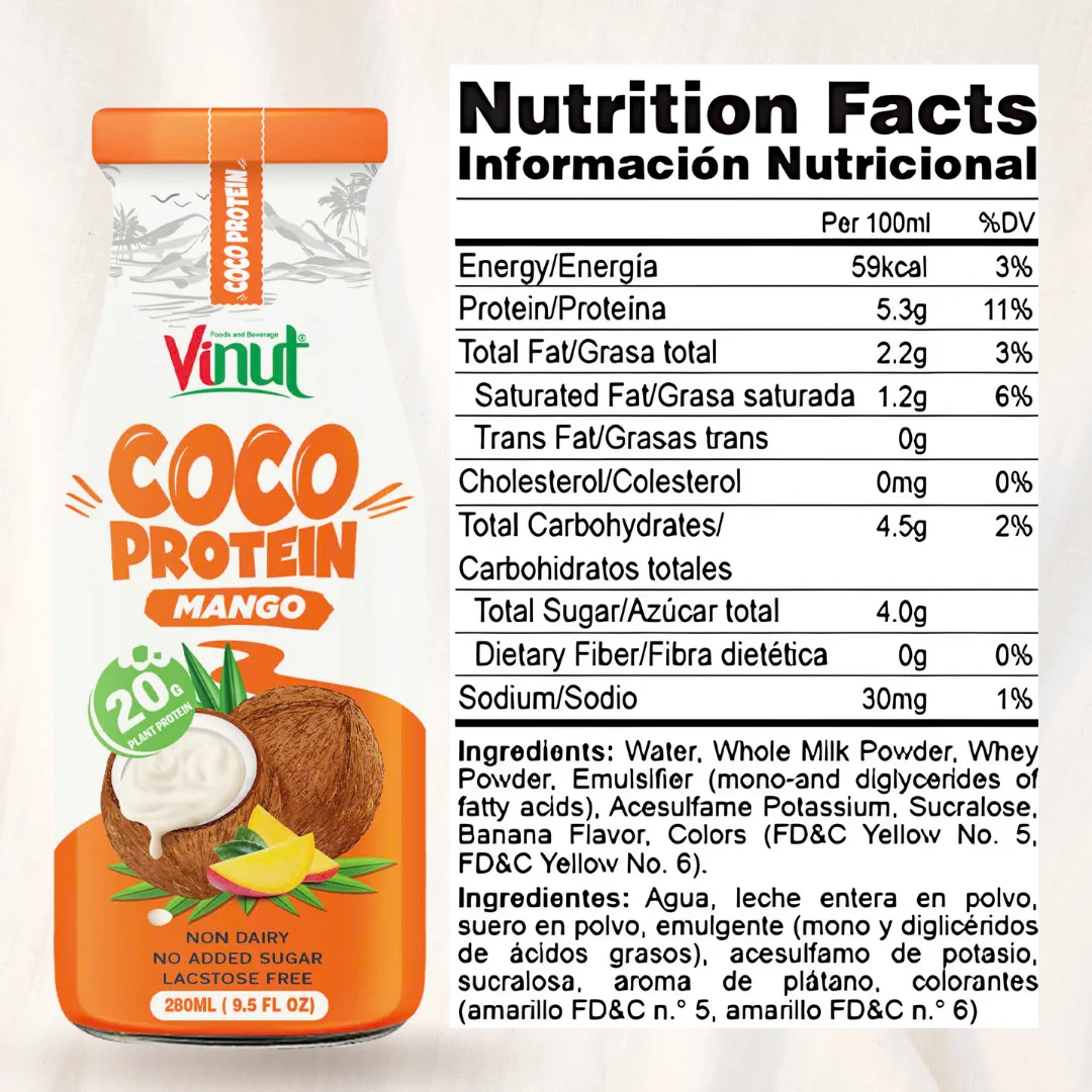 Coconut Protein Milk Mango 280ml VINUT Vietnam Manufacture  20g Protein Wholesale Price Free Sample Private Label OEMODM