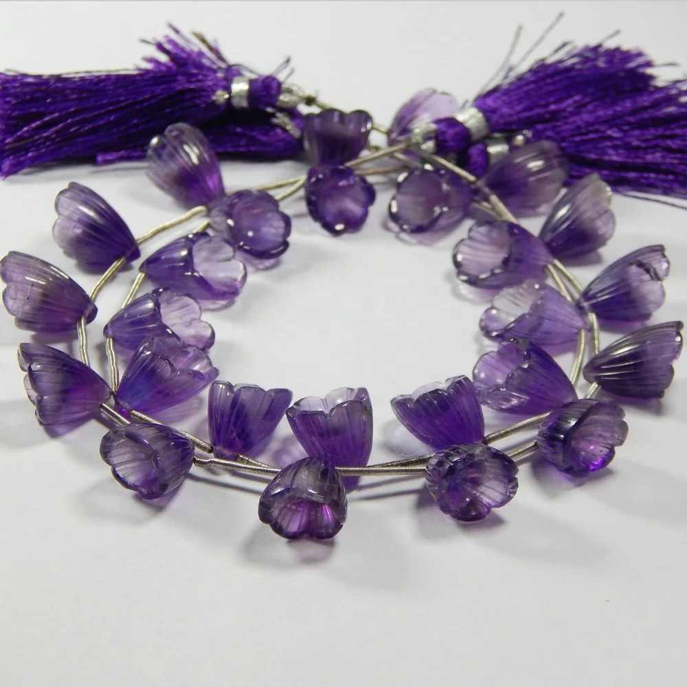 Certified Natural African Amethyst Flower Shape Carved Loose Beads For Jewellery Making