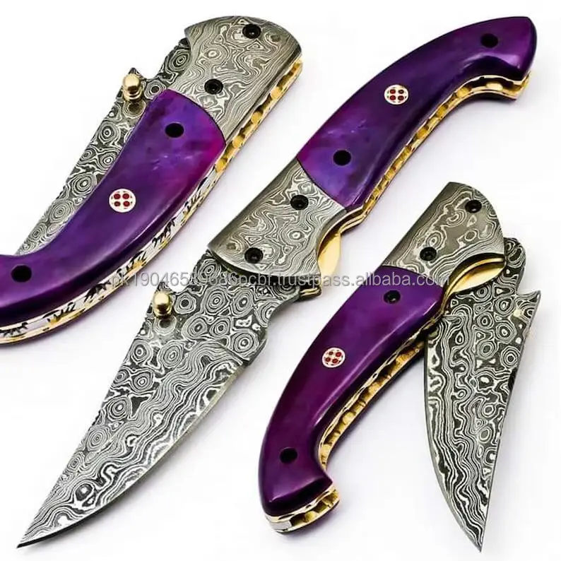 Custom Forged Liner Lock Damascus Steel Folding Pocket Knife with OEM Bone Handle Sheath for Camping & Hunting Foldable Feature