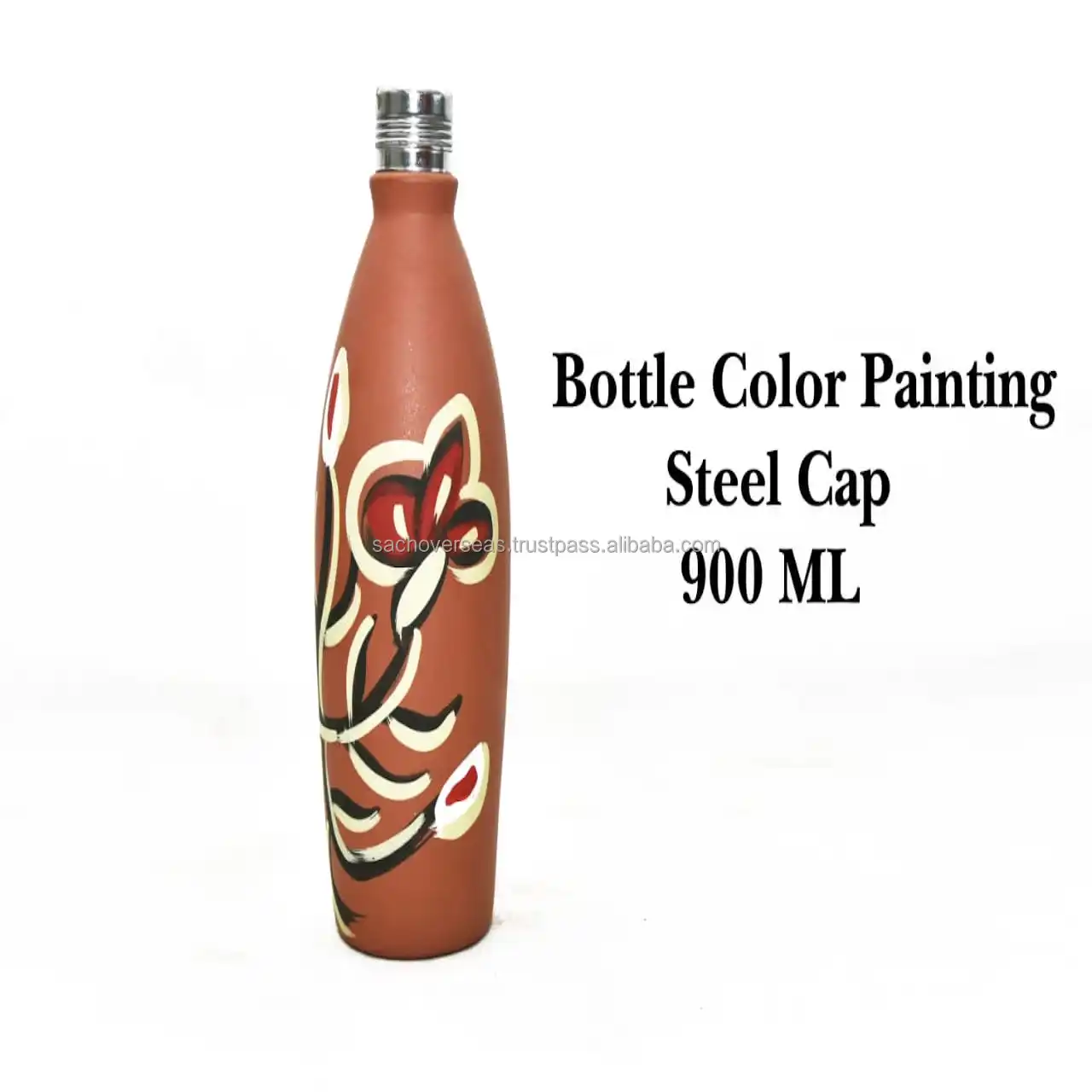 Handmade Earthen Clay Water Bottle With Unique Traditional Painting and Steel Lid For Drinking Water 900 ML