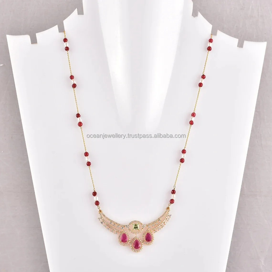 18k Gold Diamond Mangalsutra Pear Shaped Pink Tourmaline Tsavorite, Pearl Beads Multi Gemstone Chain With Pendant For Women