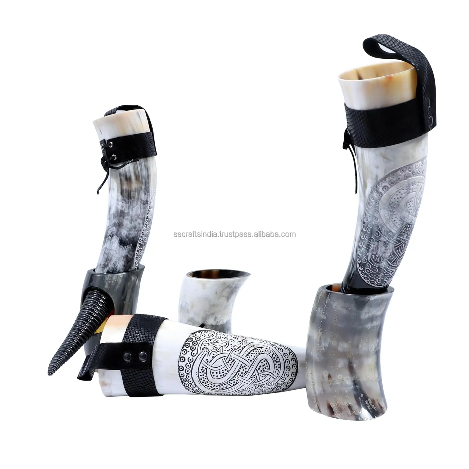 Best Quality Indian Buffalo Drinking Horns with Natural Viking Leather Holder Tea Vessel Medieval Animal Style Decoration
