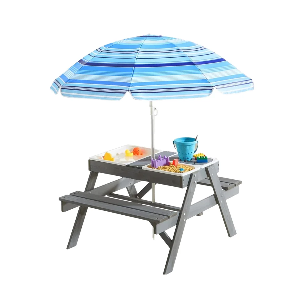 Wholesale Kids Outdoor Dining Furniture Wooden Octagon/Rectangular Table Stools with Umbrella Picnic Chair Set