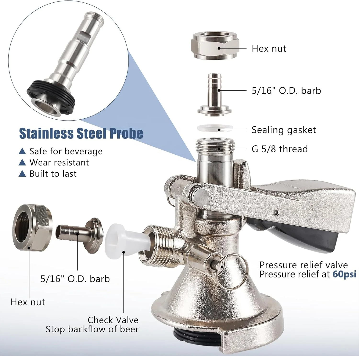 A type Keg Coupler German Slider A System Keg Coupler Stainless Steel Probe Beer Keg Tap with Pressure Relief Valve Beer Barrel