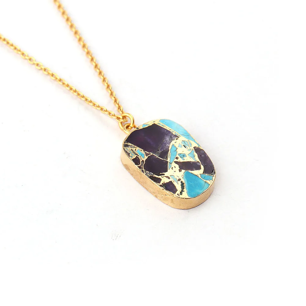 Dendrite Opal & Pink Fuchsia Gemstone Necklace  Pear Shape Stone Dangle Necklace Gold Electroplating Jewelry Mode Joyas N-041
