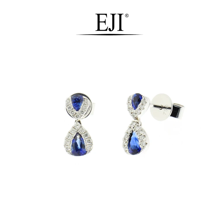 Natural Sapphire Diamond Stud Earrings in 18K White Gold | Teardrop Earrings | Solid Gold | Customisable