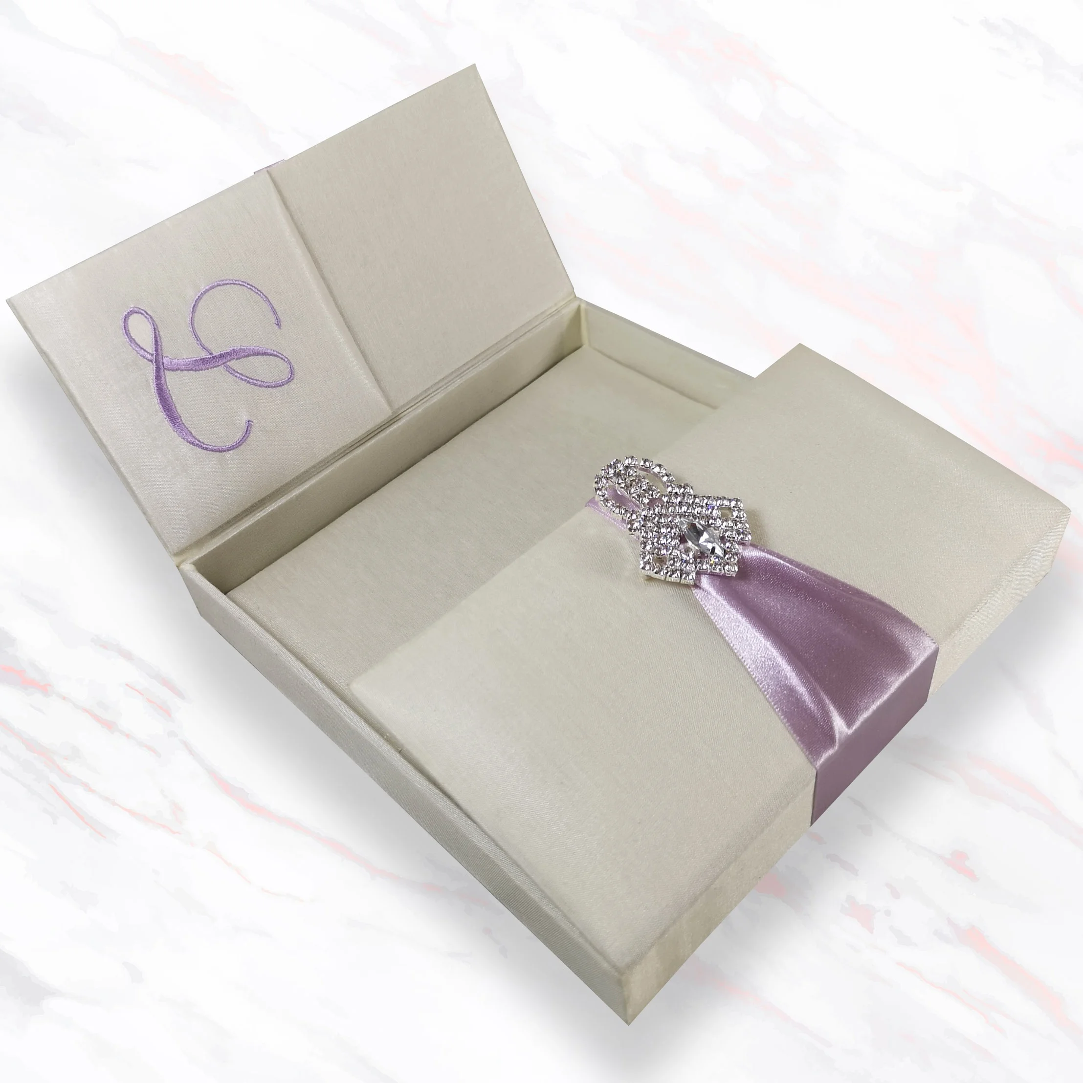 Monogram Embroidered Rhinestone Brooch Embellished White Wedding Invitation Box