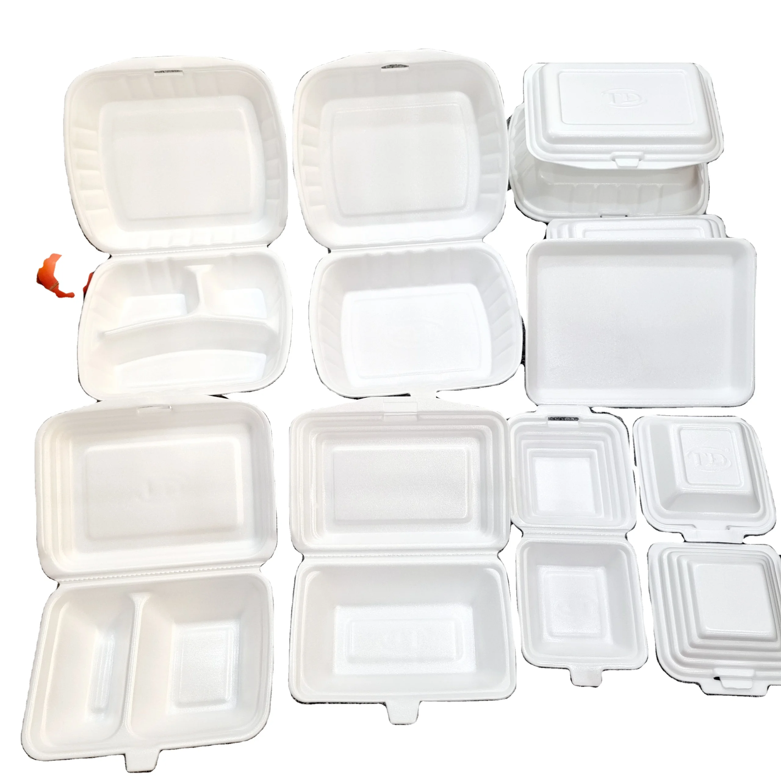 Hinged PS foam food container 8 *8inch 3 compartments Classic Design Lunch Box Hamburger disposable takeaway fast food factory