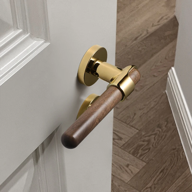Золотая современная и простая внутренняя дверная ручка из орехового дерева с бесшумным сплит-замком цинкового сплава для спальни
