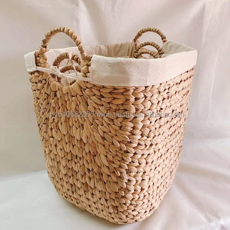 Natural Set 4 Handmade Liner Water Hyacinth Storage basket Woven Seagrass Baskets with Handles Home Decor Laundry Wicker Basket