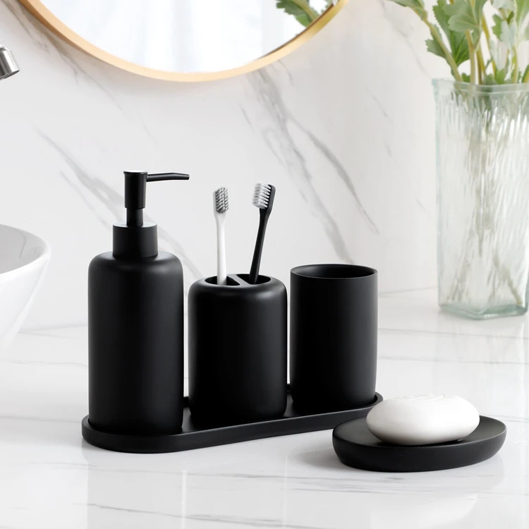 Wholesale Hotel Custom Black Toothpaste Toothbrush Holder Mouthwash Cup Liquid Soap Dish Tray Dispenser Ceramic Bathroom Set