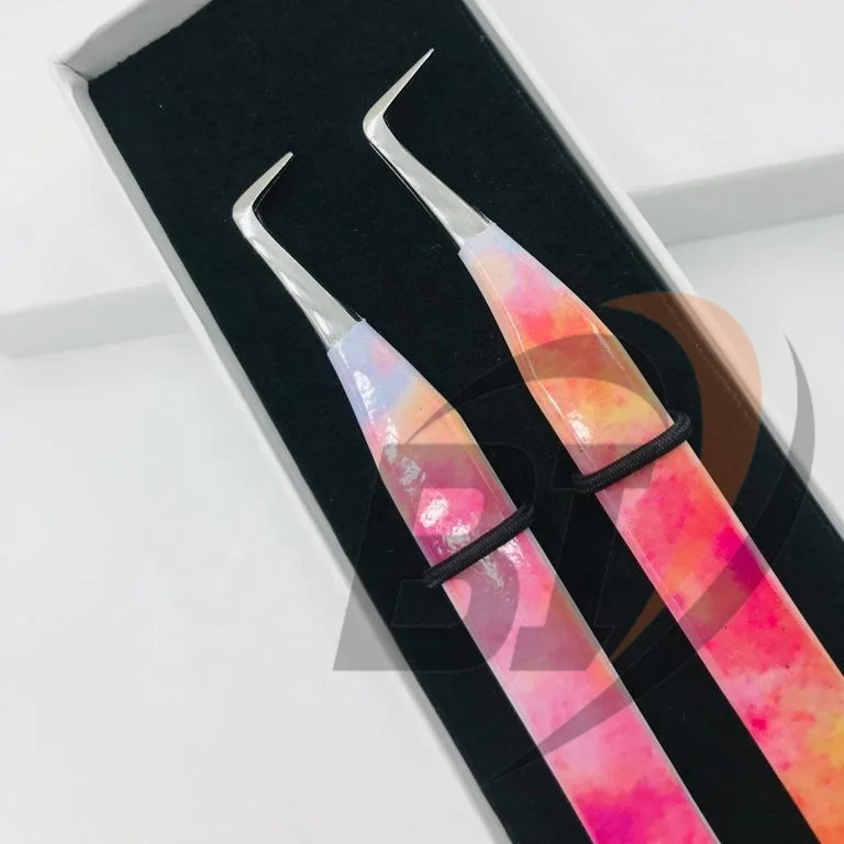 90 Degree Slim Boot Custom Design Paper Coated Stainless Steel Private Logo Hand Tested Volume Eyelash Tweezers