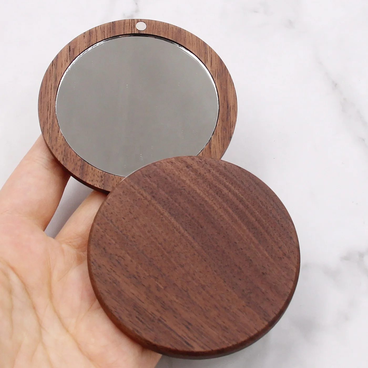 Round Walnut Wood Pocket Mirror Rotating Compact Makeup Mirror Wood Gift to Her