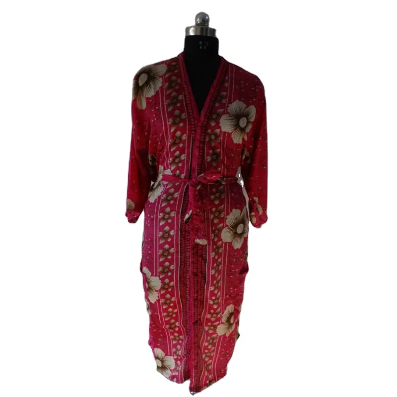 Vintage Indian Up-cycled Knee Length Bathrobe Pink- Colour Silk Saree Floral Kimono Sleepwear Handmade Maxi Gown Dress Style