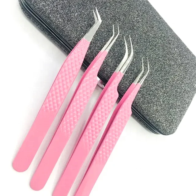 Light Pink Powder Coated Sliver Tips Diamond Grip Solid Eyelash Extension Tweezers Customized Logo Slanted Tips