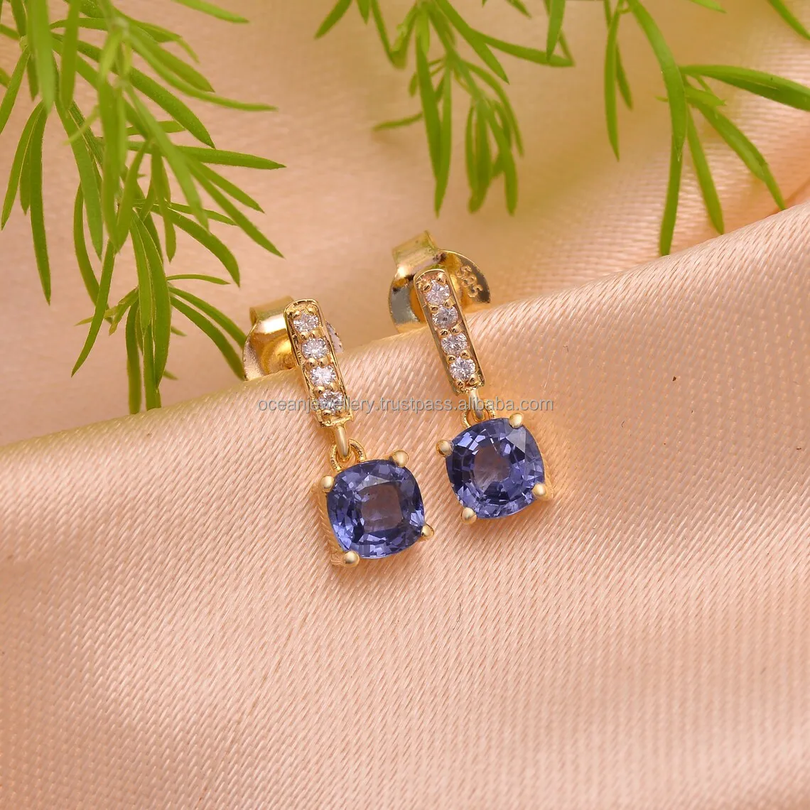 Wholesale 14k Yellow Genuine Blue Sapphire and Diamond 14K Yellow Gold Earrings Drop Earring For Women