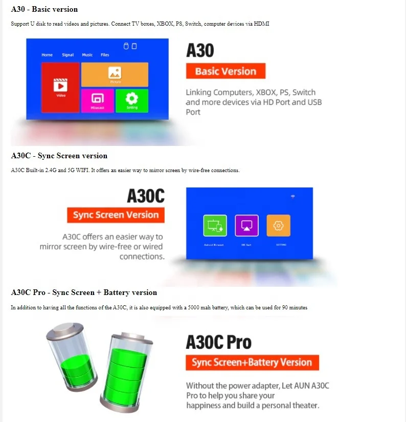 MINI Projector AUN A30C Pro Battery  Projectors Cinema Mirror Phone LED Video Projector for Home 4k Video