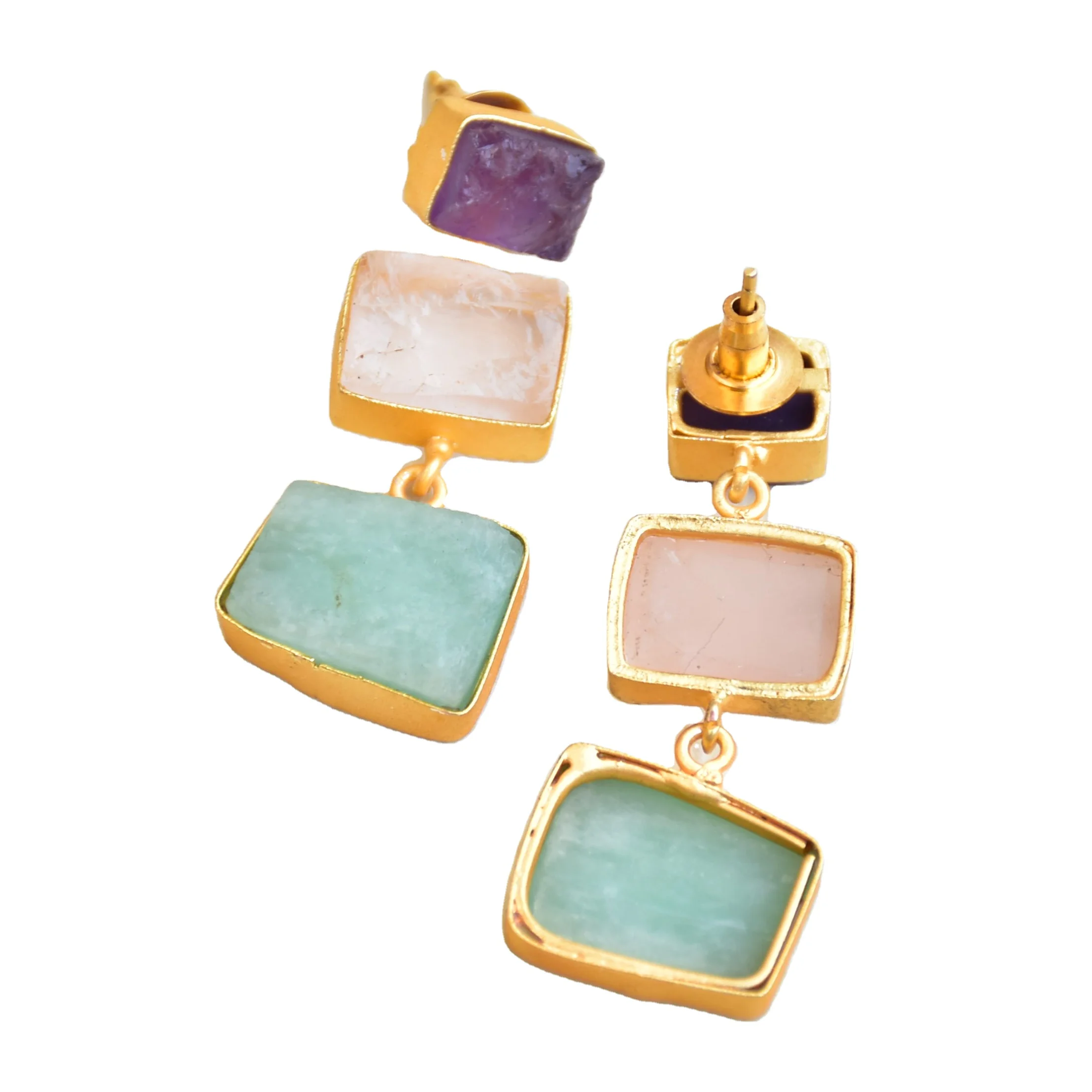 Semi-precious stone earrings Raw gemstone handmade jewelry suppliers trendy natural stone jewellery drop earrings Gold plated