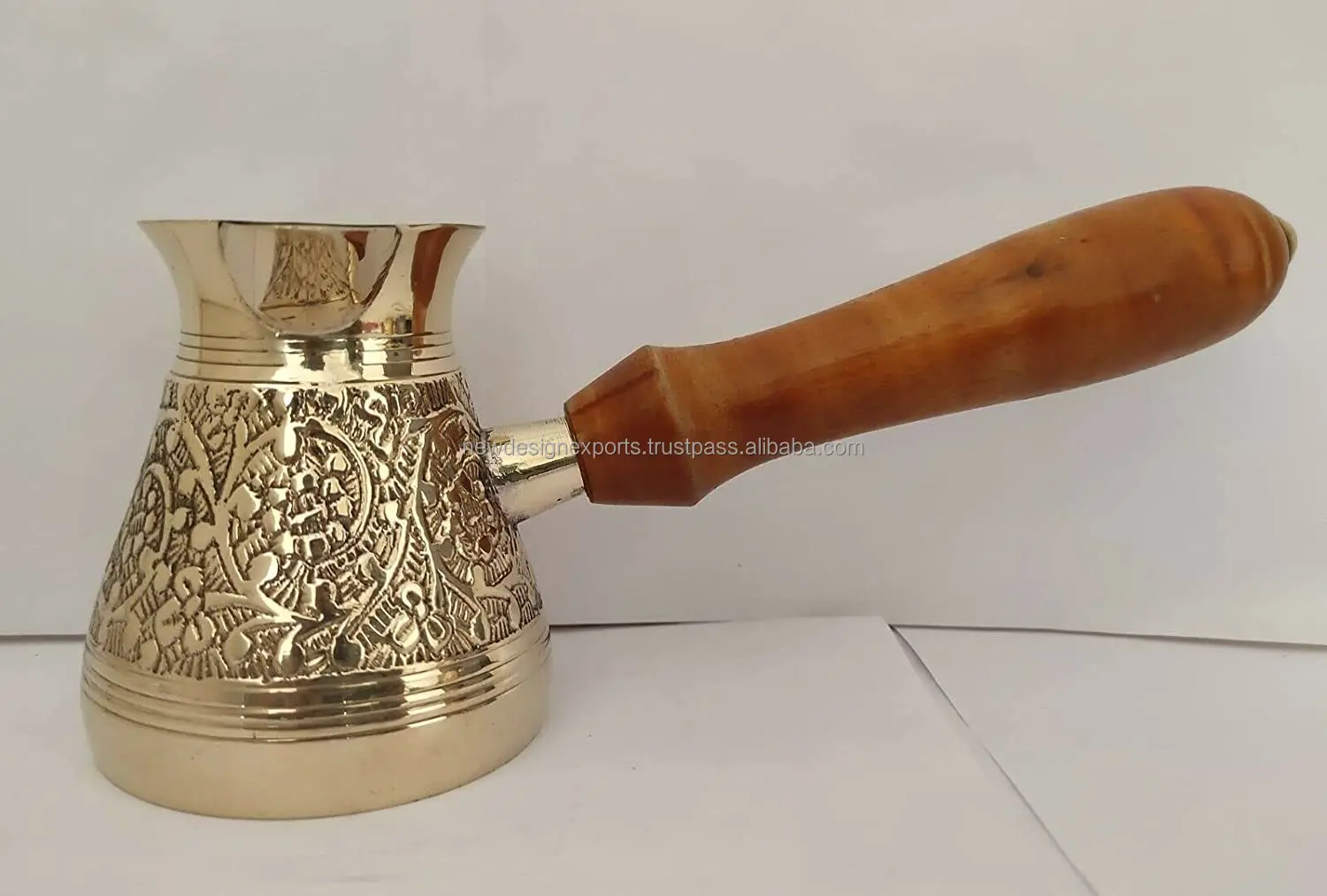 Golden Turkish Greek Arabic Coffee Pot Brass Metal Coffee Maker Cezve Ibrik Briki with Wooden Handle ( Medium - 13 Oz)