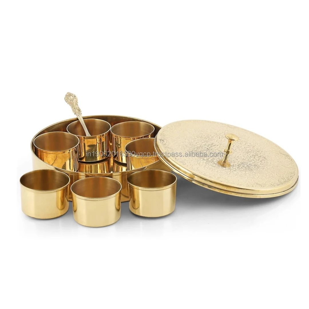 Brass Etched 7 Pcs Spice Box / Masala Box With Spoon 8 Inch Spice Container Kitchen Essential